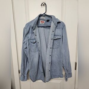 Wrangler Denim Pearl Snap Shirt Workwear Ranch Rodeo Mens Size L